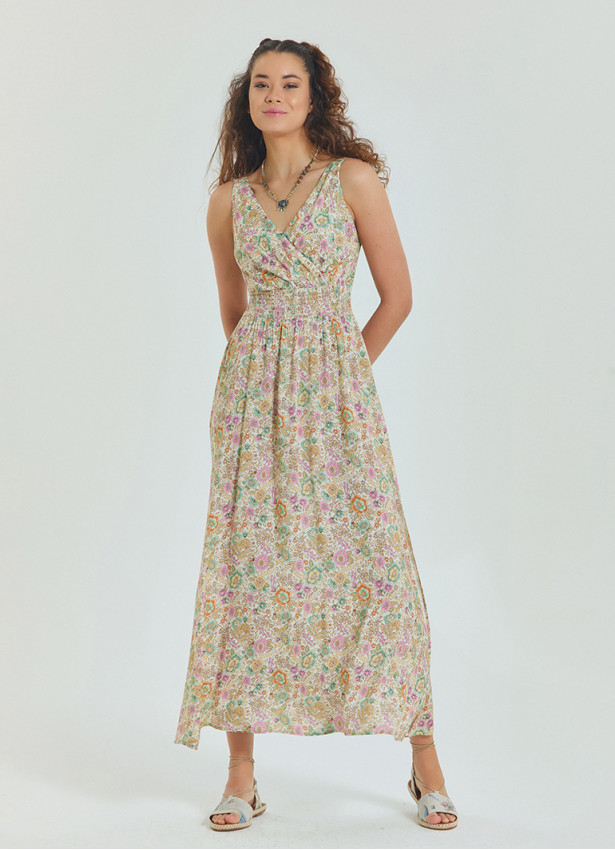 Double Breasted Collar Long Beige Dress with Slit from the Yoke 4561